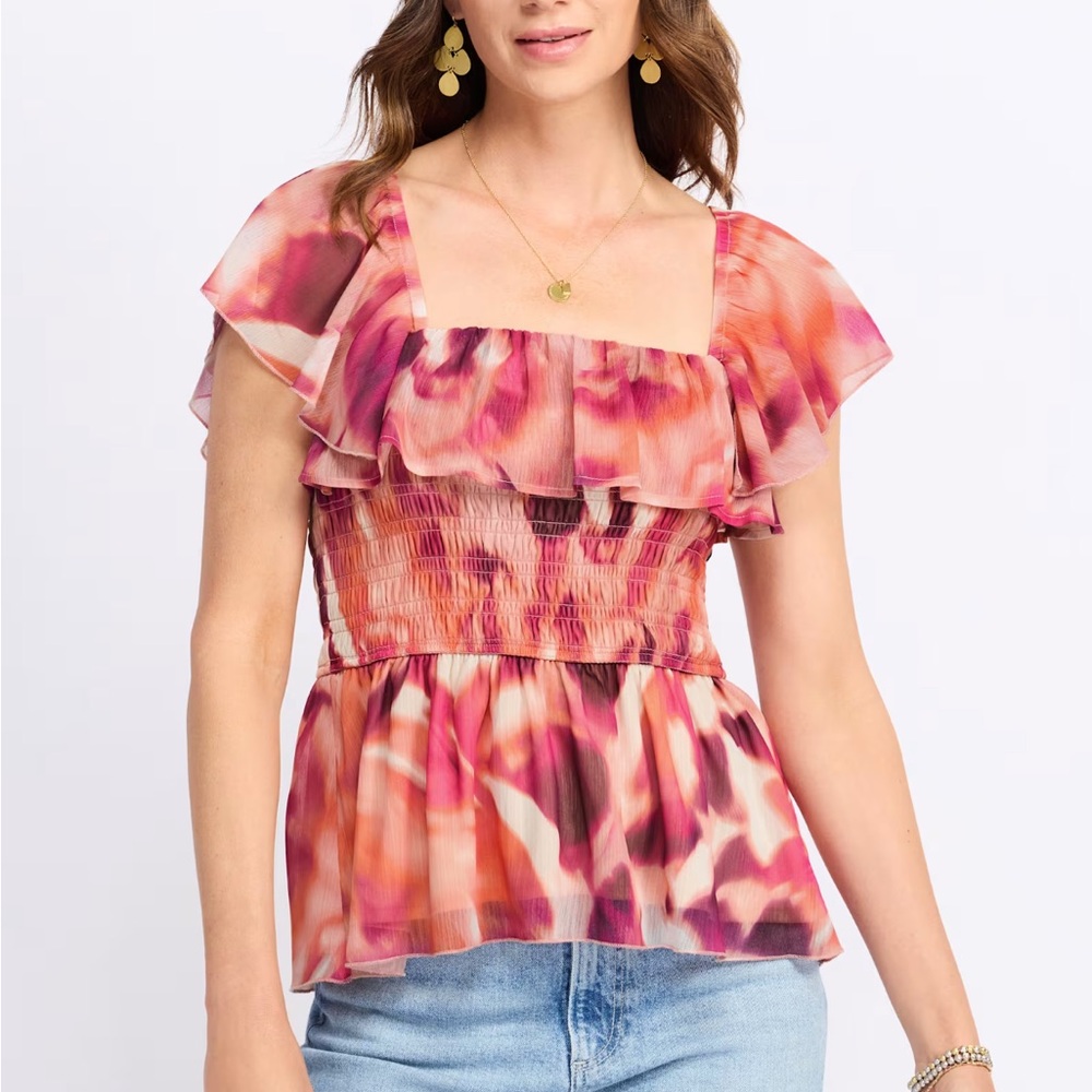 Nine Britton Pink and Orange Ruffle Blouse